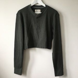 Vintage Sweaters - vintage Green Henley Thermal Crop Oversize Sweater Vintage Sweaters - vintage Green Henley Thermal Crop Oversize Sweater